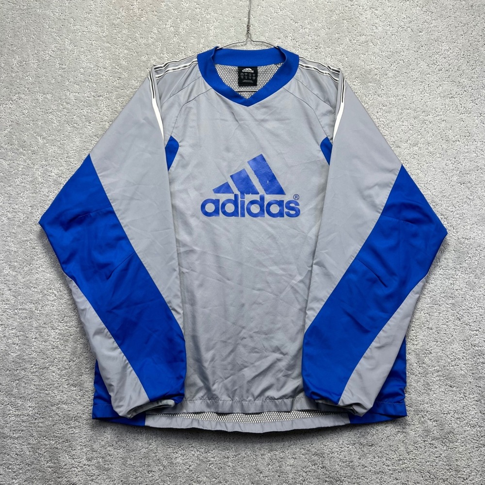 VINTAGE Y2k Adidas Jacket Mens S Grey Blue Windbreaker Pullover Training Soccer